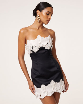 Robe courte bustier à garniture orchidée - Noir et ivoire