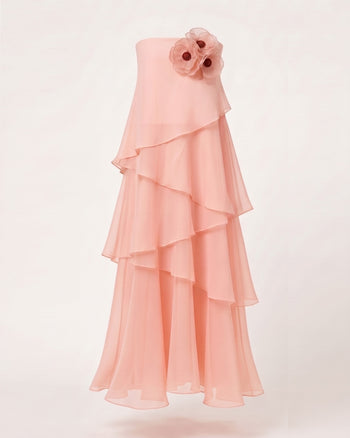 Poppy Robe longue asymétrique à volants sans bretelles brodée - Rose poudré
