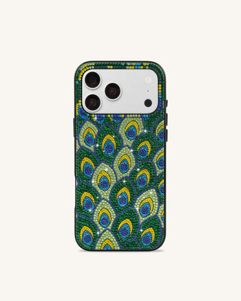 Coque de téléphone à strass motif plume de paon - Vert