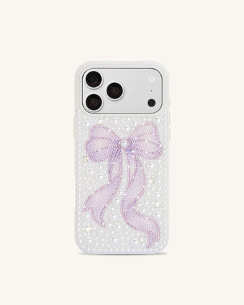 Coque de téléphone nœud en perles et cristaux artificiels - Blanc