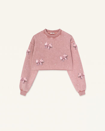 Sweat-shirt Coquette à nœud en satin 3D et perles - Rose vintage