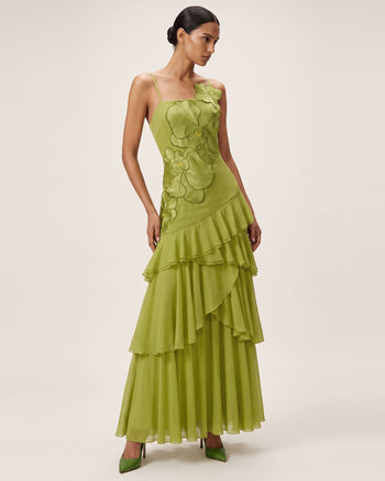 Robe longue asymétrique à volants et broderie orchidée - Vert olive
