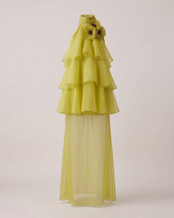 Poppy Robe longue à volants superposés et dos nu brodé - Vert citron