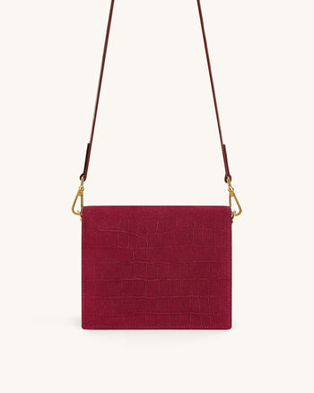Mini Sac Bandoulière à Rabat en Faux Suède Gaufré Croco - Bourgogne