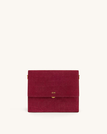 Mini Sac Bandoulière à Rabat en Faux Suède Gaufré Croco - Bourgogne
