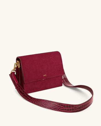 Mini Sac Bandoulière à Rabat en Faux Suède Gaufré Croco - Bourgogne