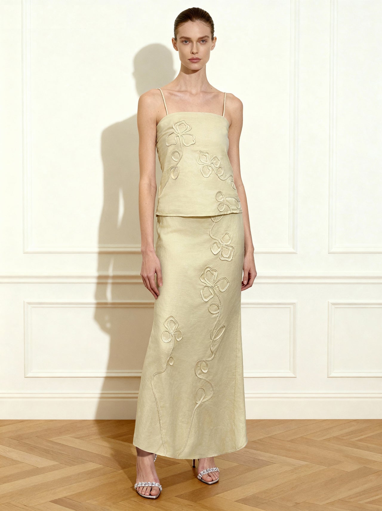 Caraco à bretelles en lin à broderie cordon - Naturel