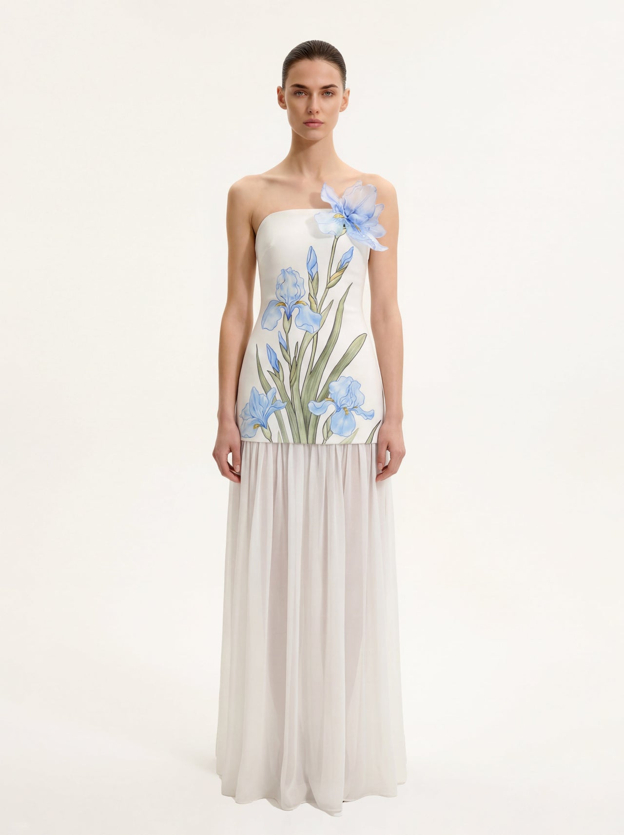 Robe longue asymétrique à fleurs - Blanc