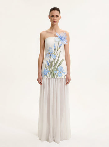 Robe longue asymétrique à fleurs - Blanc