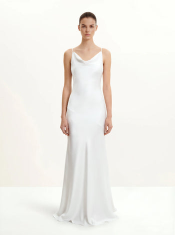 Satin Robe longue à col bénitier et nœud au dos - Blanc