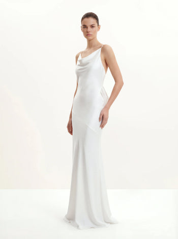 Satin Robe longue à col bénitier et nœud au dos - Blanc