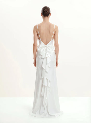 Satin Robe longue à col bénitier et nœud au dos - Blanc