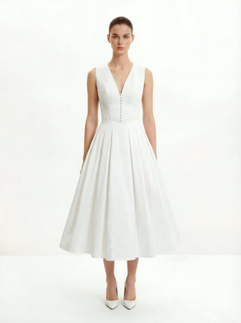 Robe midi plissée à décolleté en V devant - Blanc