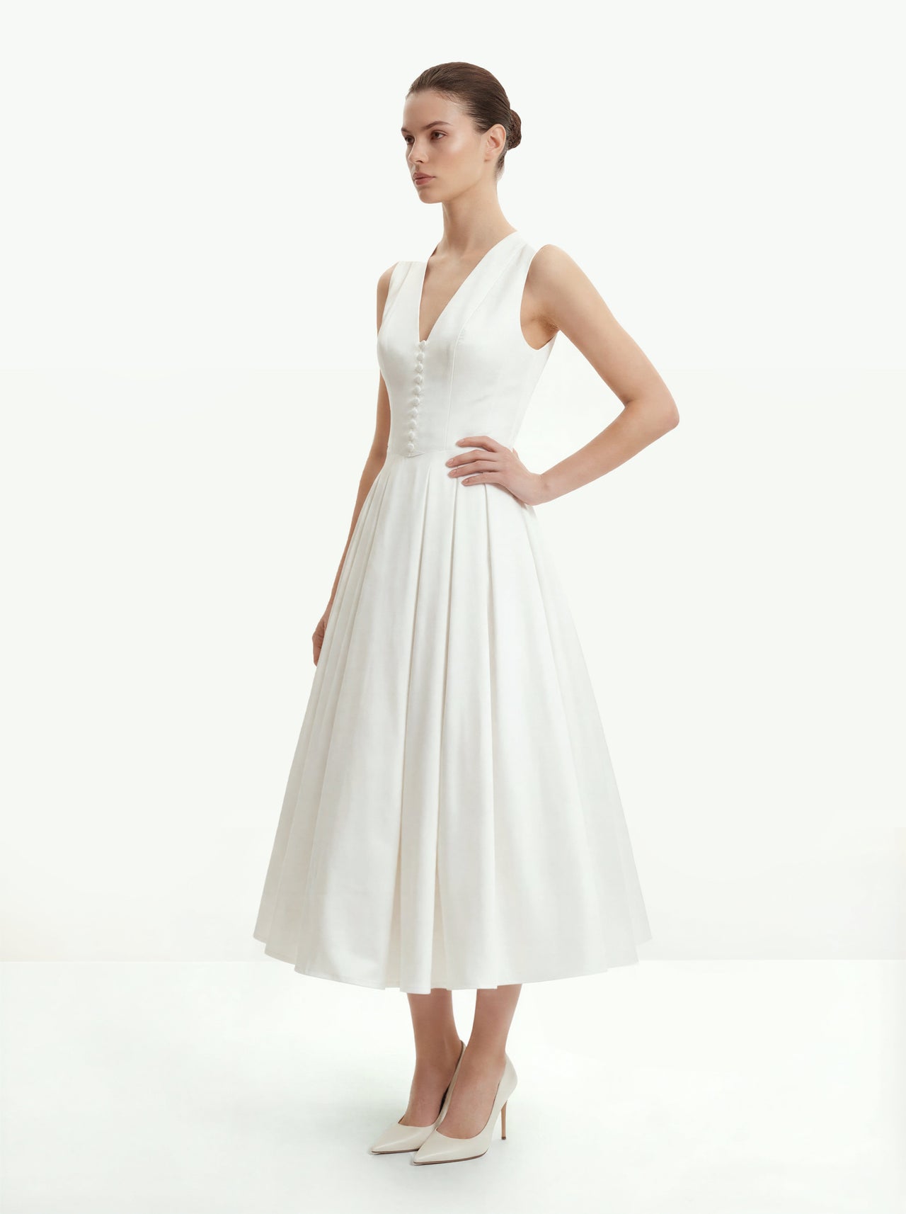 Robe midi plissée à décolleté en V devant - Blanc
