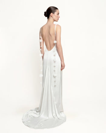 Satin Robe longue à fines bretelles et rubans floraux - Blanc