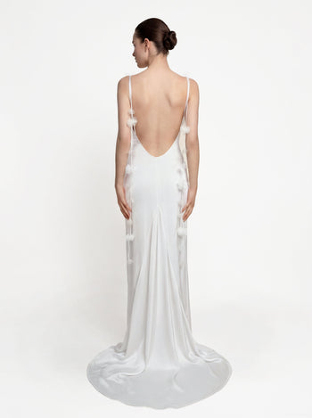 Satin Robe longue à fines bretelles et rubans floraux - Blanc