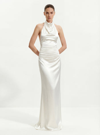 Satin Robe longue de soirée froncée à col bénitier - Blanc