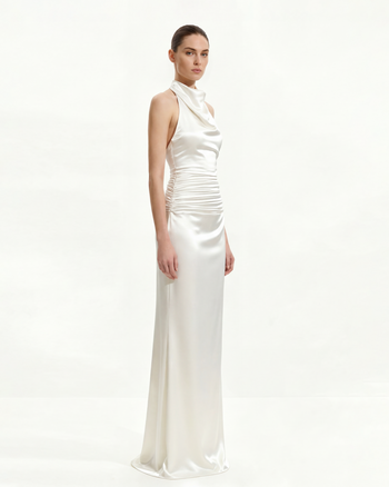 Satin Robe longue de soirée froncée à col bénitier - Blanc
