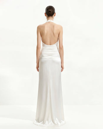 Satin Robe longue de soirée froncée à col bénitier - Blanc