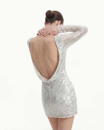 Mini-robe à manches longues avec paillettes diagonales et dos nu - Blanc