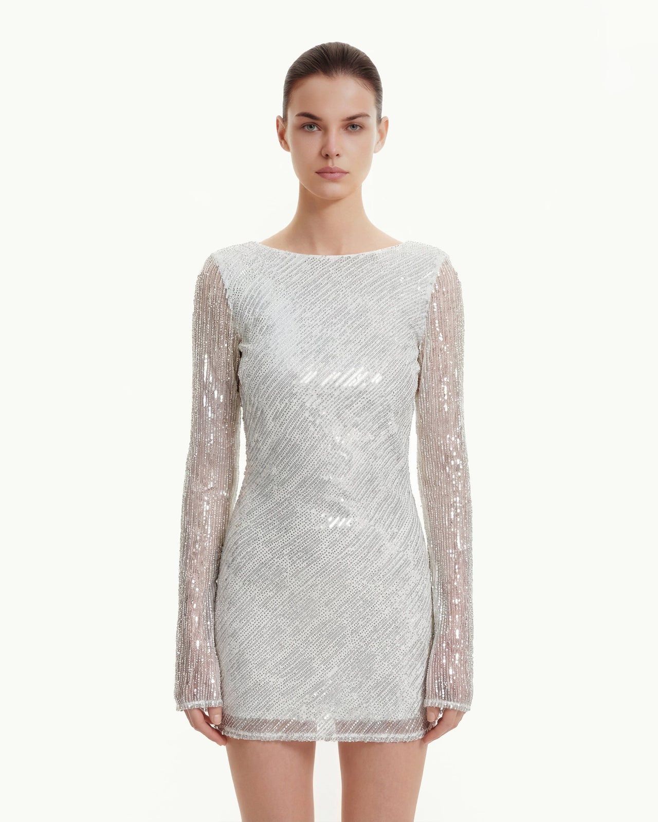 Mini-robe à manches longues avec paillettes diagonales et dos nu - Blanc
