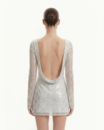 Mini-robe à manches longues avec paillettes diagonales et dos nu - Blanc