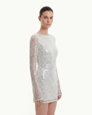 Mini-robe à manches longues avec paillettes diagonales et dos nu - Blanc