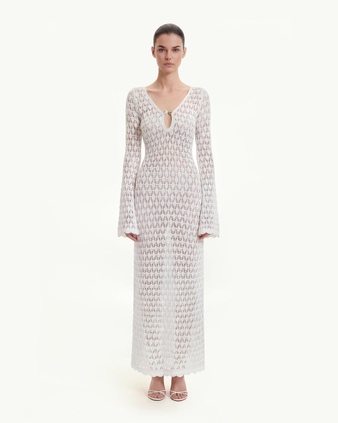 Robe longue en maille Pointelle à découpe goutte d'eau - Blanc
