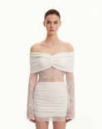 Mini-robe drapée à épaules dénudées avec manches en dentelle - Blanc