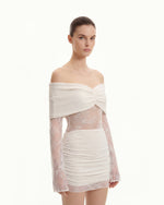 Mini-robe drapée à épaules dénudées avec manches en dentelle - Blanc