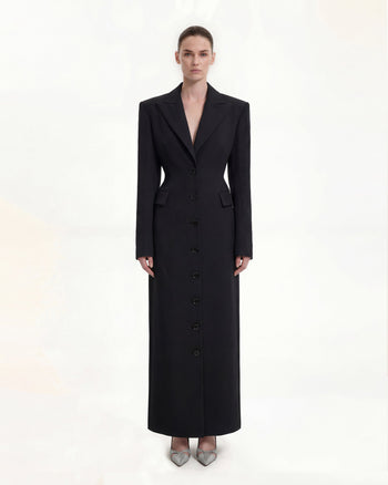 Manteau long ajusté à revers, aux épaules structurées – Noir