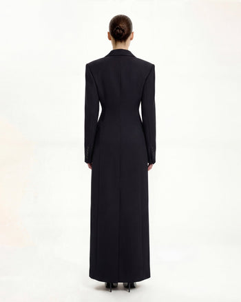 Manteau long ajusté à revers, aux épaules structurées – Noir