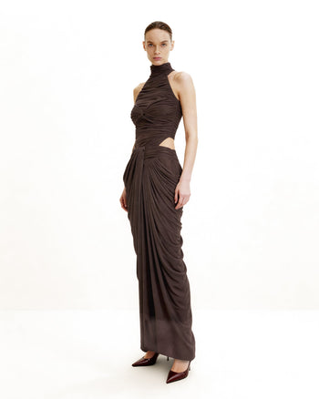 Jupe maxi drapée avec torsade - Marron