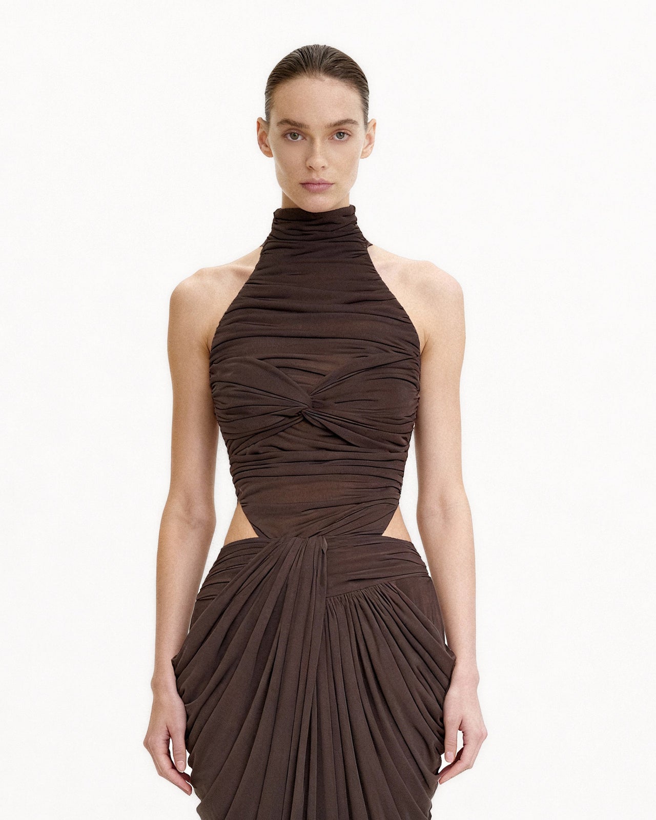 Body-suit à col licou avec drapé torsadé - Marron