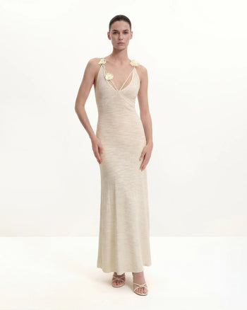 Robe longue en maille texturée à col licou - Crème