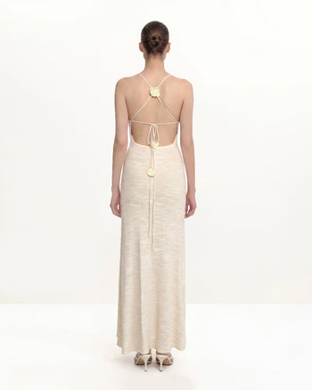 Robe longue en maille texturée à col licou - Crème