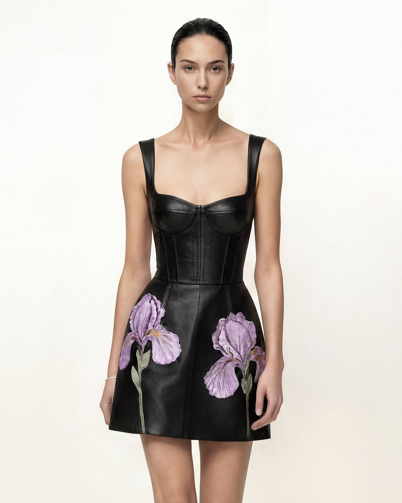 Robe corset en cuir à imprimé floral Iris - Noir
