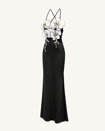 Robe Brodée Orchidée – Noir/Blanc