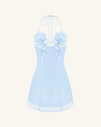 Mini-Robe Brodée de Fleurs - Bleu