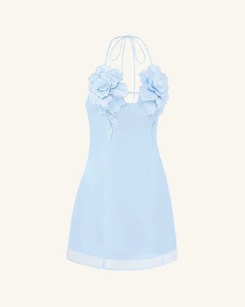 Mini-Robe Brodée de Fleurs - Bleu