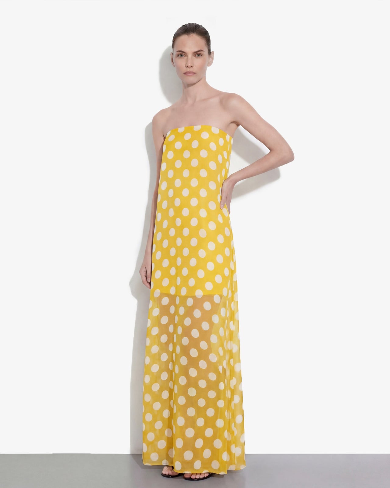 Robe longue bustier à pois - Jaune