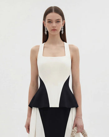 Top peplum monochrome à empiècements et col carré - Noir