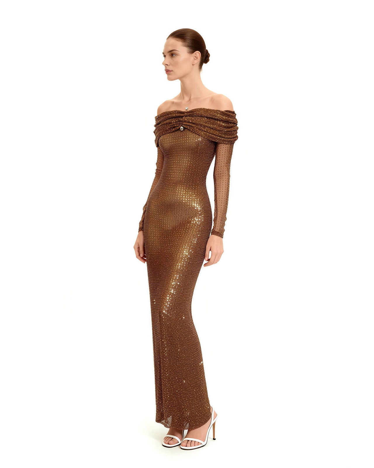 Robe longue à épaules dénudées en maille strassée - Marron