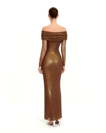 Robe longue à épaules dénudées en maille strassée - Marron