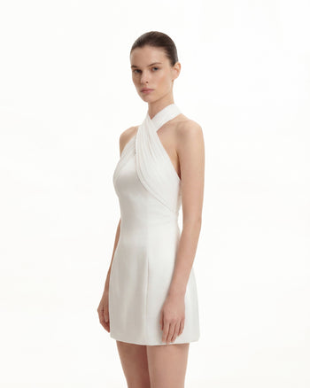 Mini-robe en satin avec licol croisé en tulle - Blanc