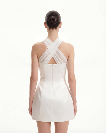 Mini-robe en satin avec licol croisé en tulle - Blanc