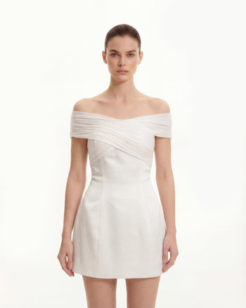 Mini-robe en satin avec licol croisé en tulle - Blanc
