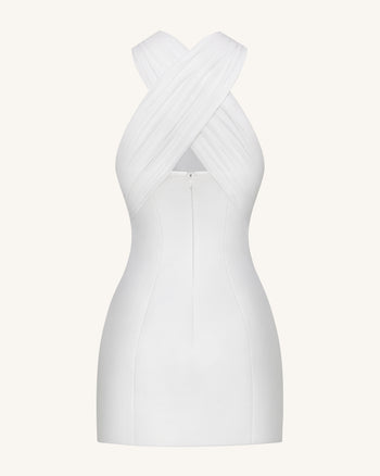 Mini-robe en satin avec licol croisé en tulle - Blanc