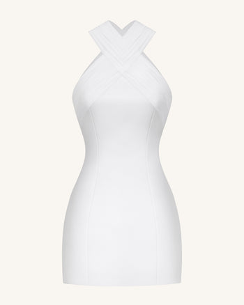 Mini-robe en satin avec licol croisé en tulle - Blanc