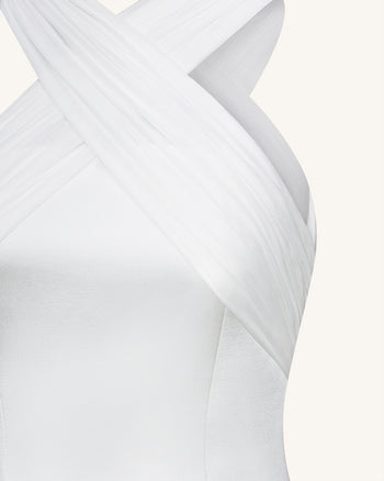 Mini-robe en satin avec licol croisé en tulle - Blanc